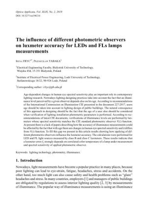 The Influence of Different Photometric Observers on Luxmeter Accuracy for Leds and Fls Lamps Measurements