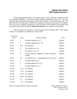 Subject Cataloging Manual: Subject Headings, 2007 Update 1