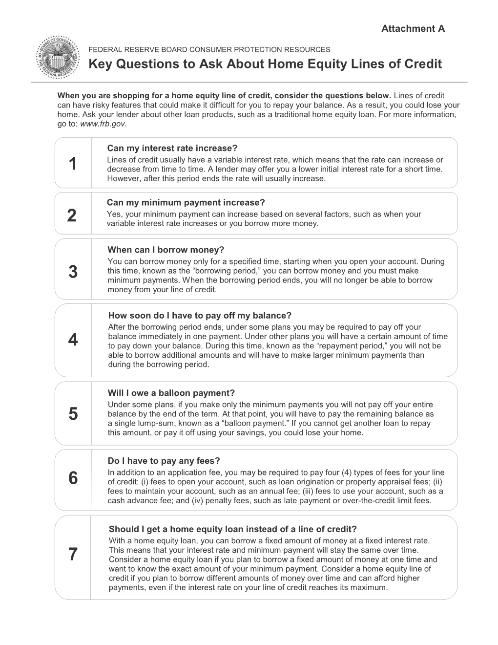 Attachment A: Key Questions to Ask About Home Equity Lines of Credit