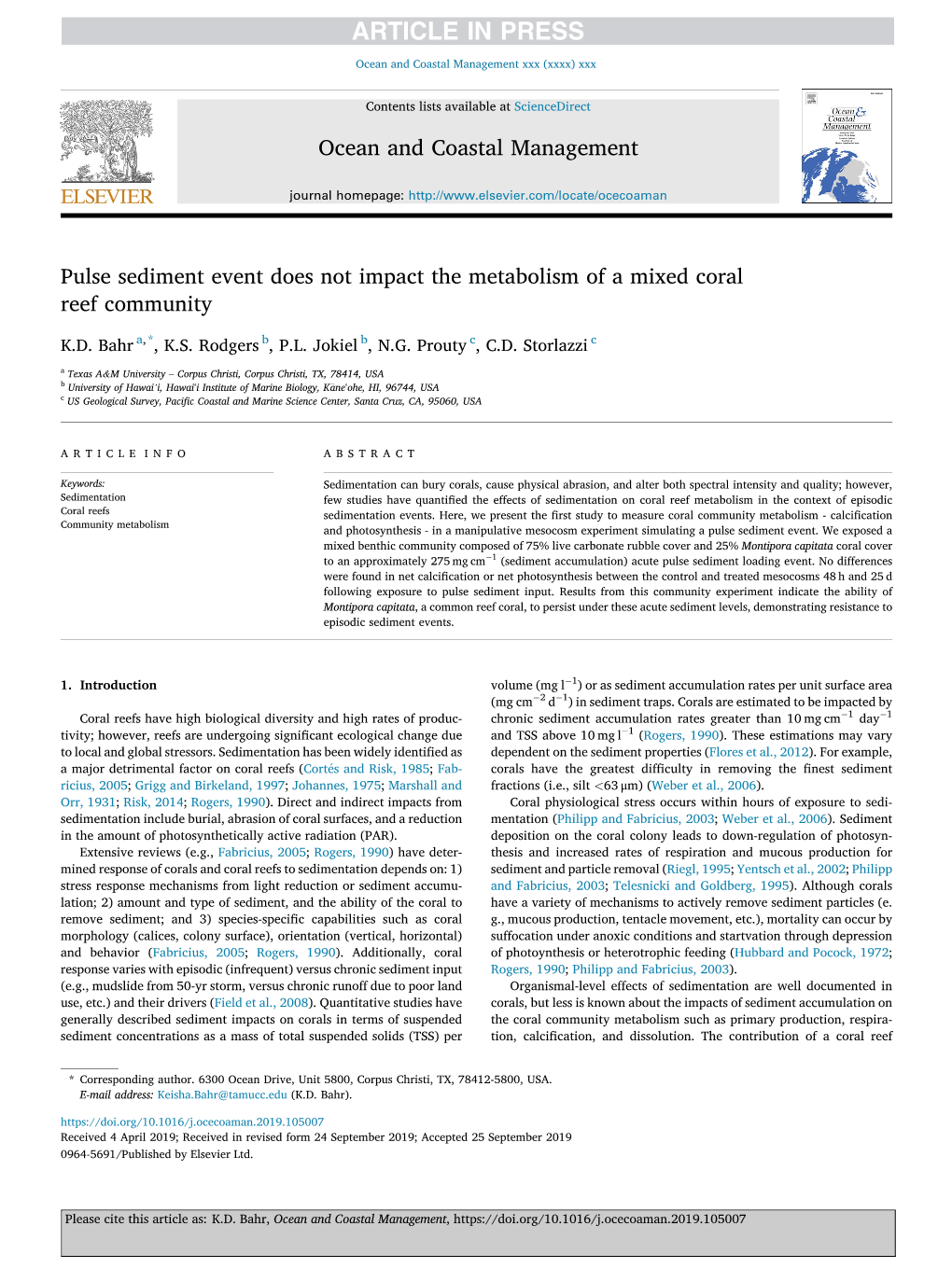 Pulse Sediment Event Does Not Impact the Metabolism of a Mixed Coral Reef Community