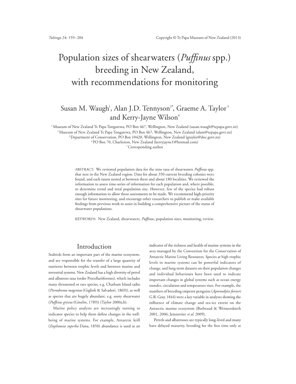 Population Sizes of Shearwaters (Puffinus Spp.) Breeding in New