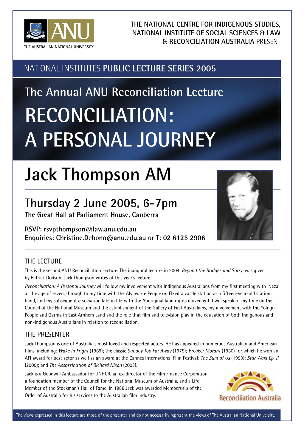 RECONCILIATION: a PERSONAL JOURNEY Jack Thompson AM