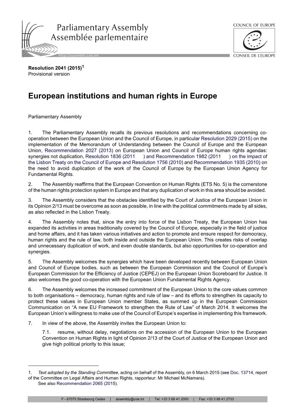 European Institutions and Human Rights in Europe