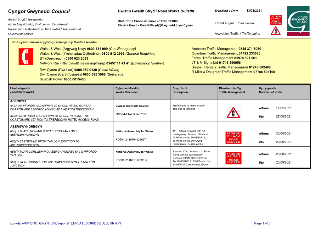 Cyngor Gwynedd Council Bwletin Gwaith Stryd / Road Works Bulletin Dyddiad / Date 13/08/2021