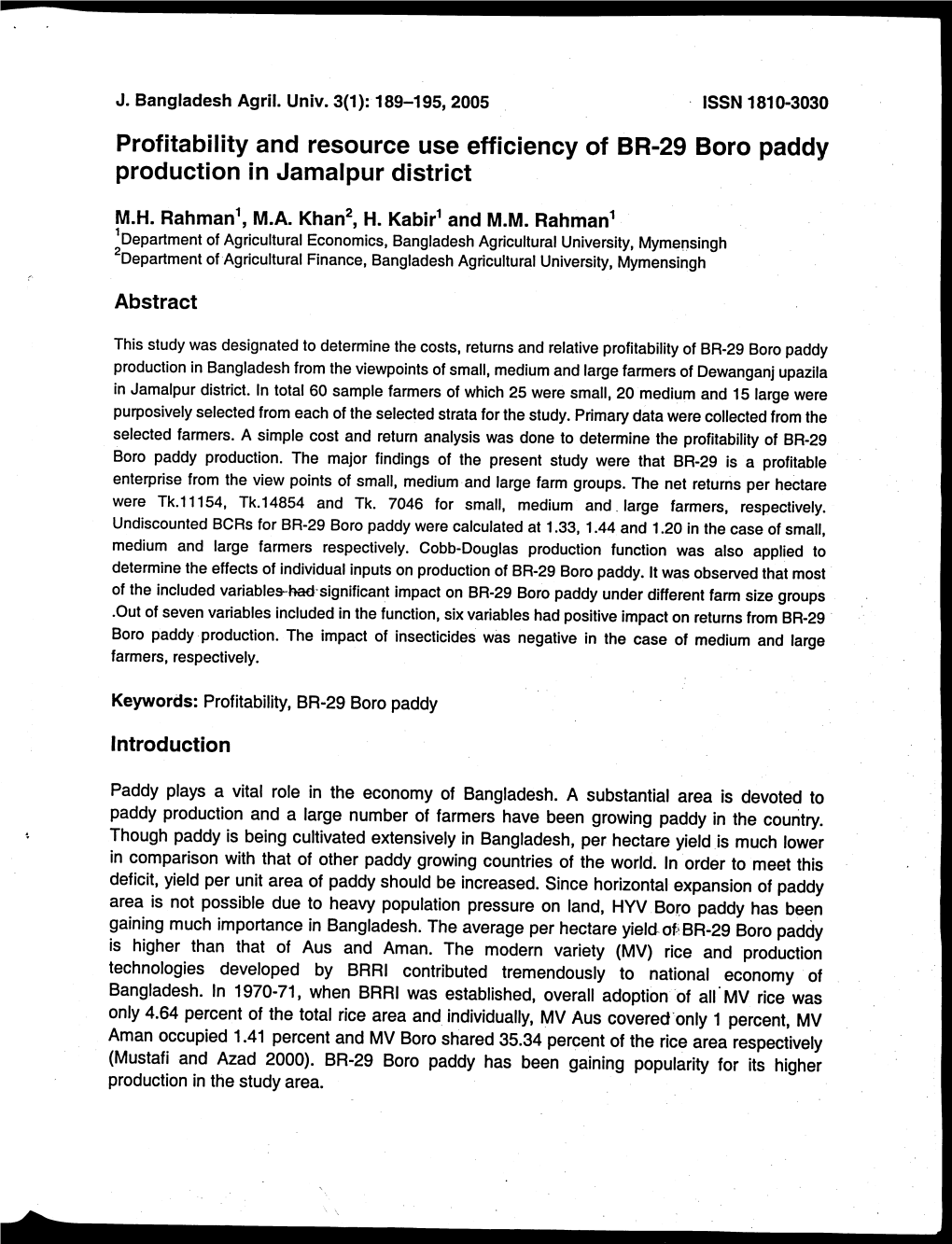 Profitability and Resource Use Efficiency of BR-29 Boro Paddy Production in Jamalpur District