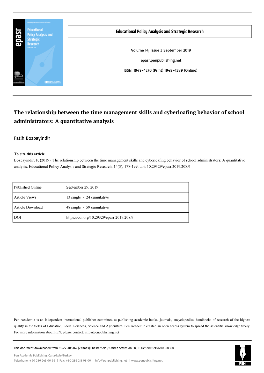 The Relationship Between the Time Management Skills and Cyberloafing Behavior of School Administrators: a Quantitative Analysis