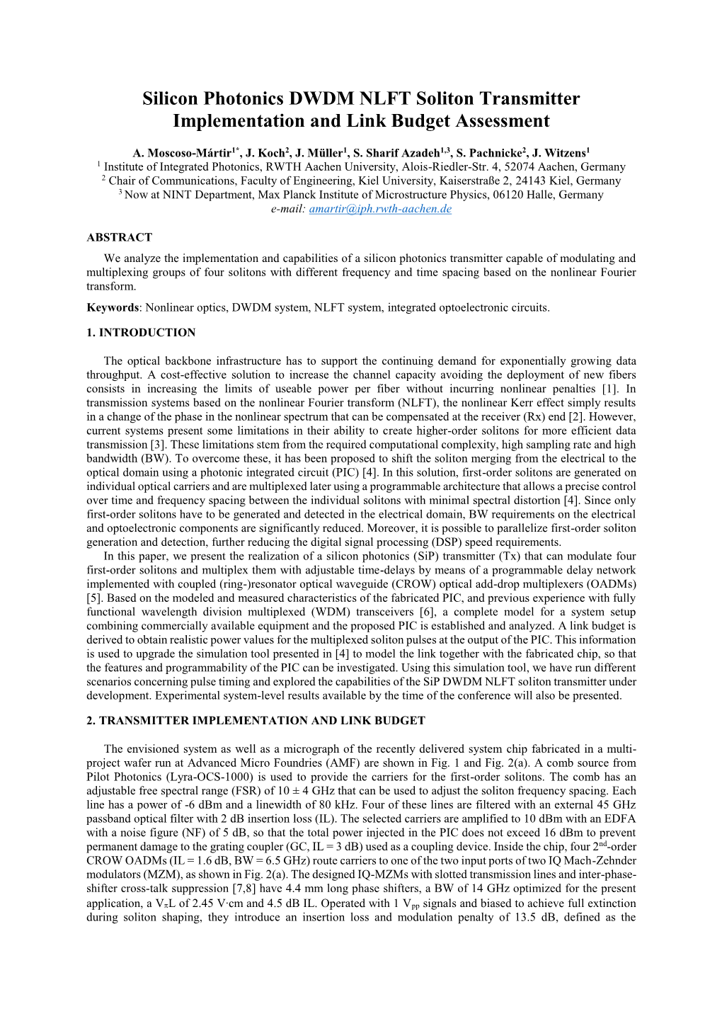 Silicon Photonics DWDM NLFT Soliton Transmitter Implementation and Link Budget Assessment