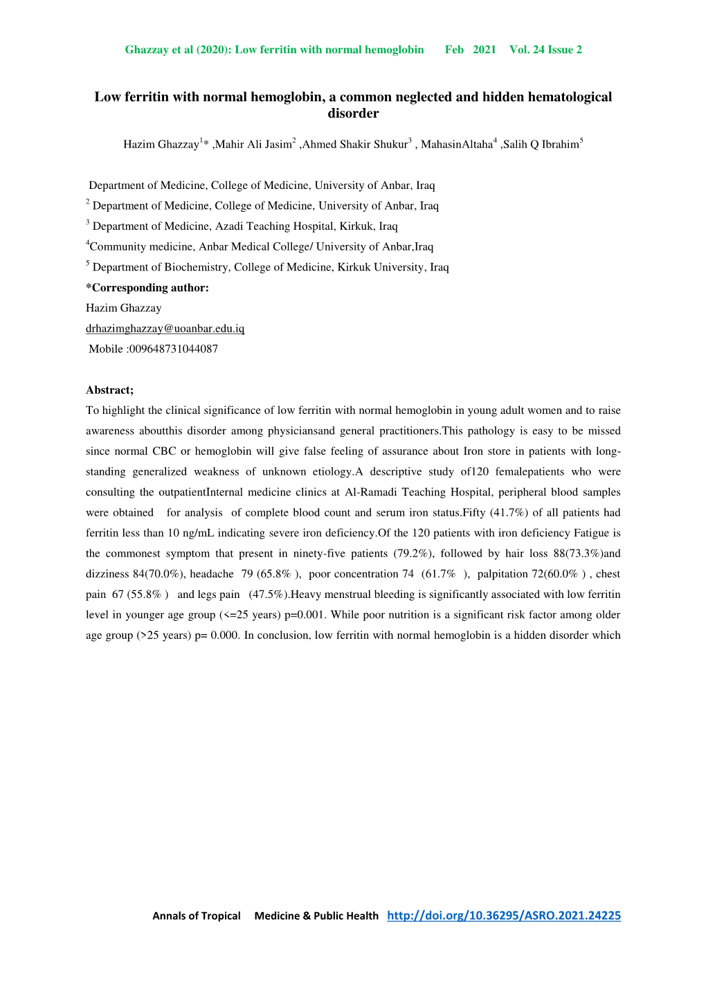 Low Ferritin with Normal Hemoglobin, a Common Neglected and Hidden Hematological Disorder