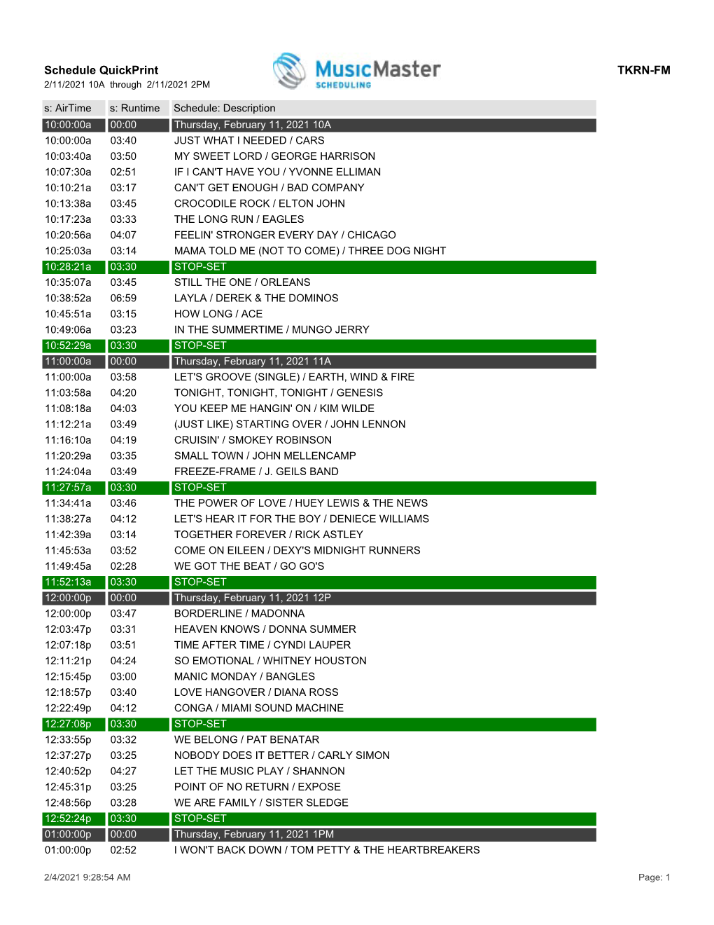 Schedule Quickprint TKRN-FM