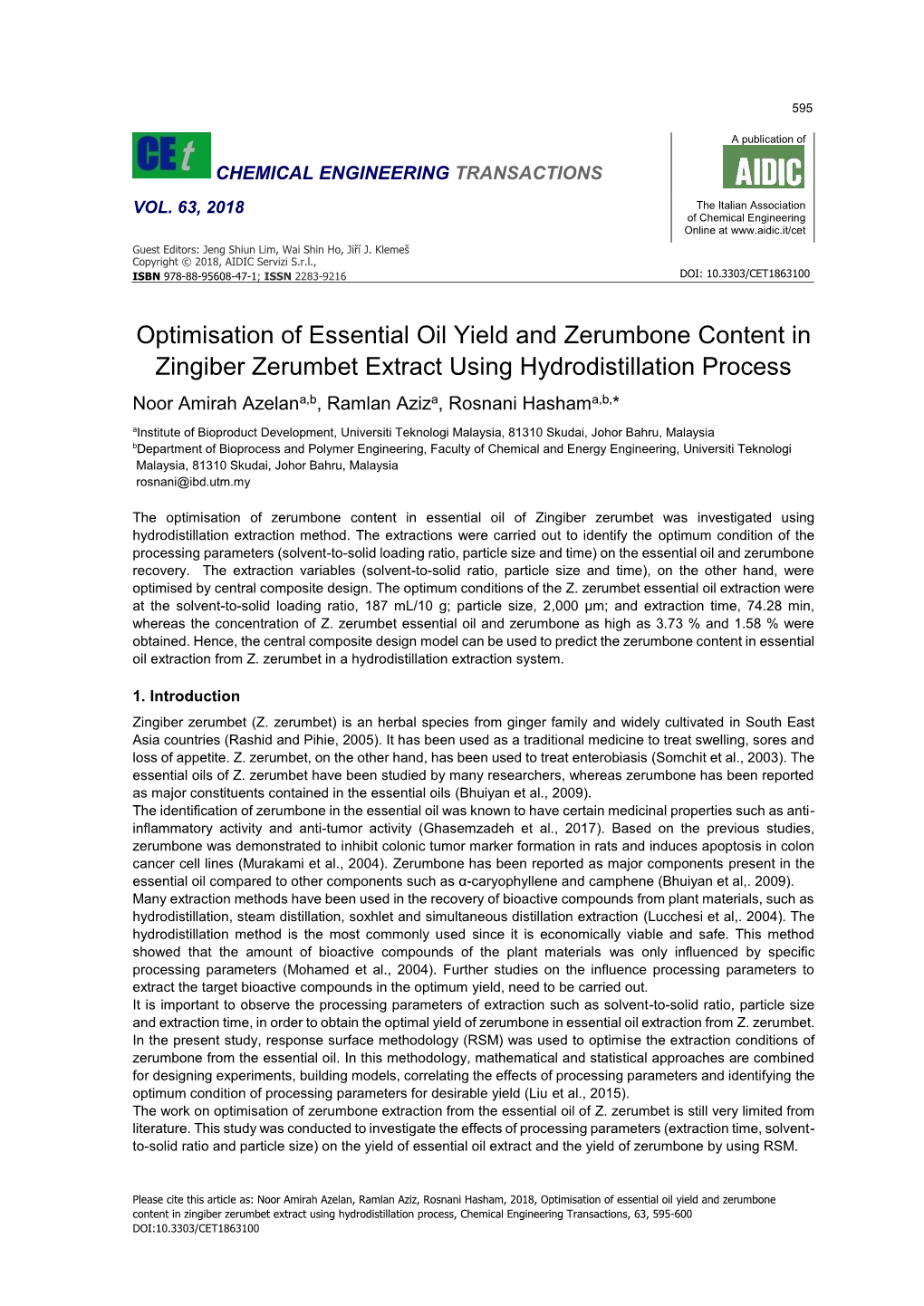 Optimisation of Essential Oil Yield and Zerumbone Content in Zingiber