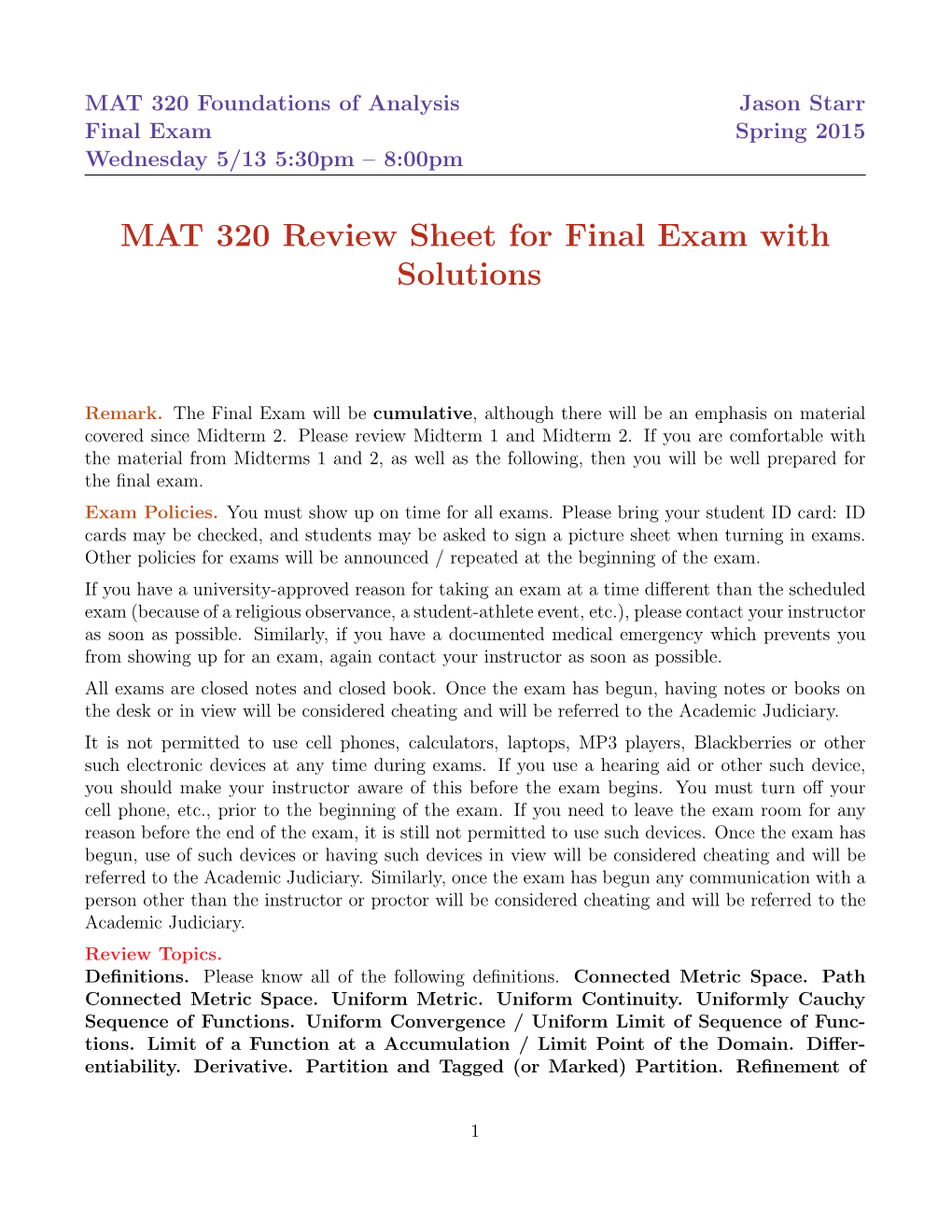 MAT 320 Review Sheet for Final Exam with Solutions