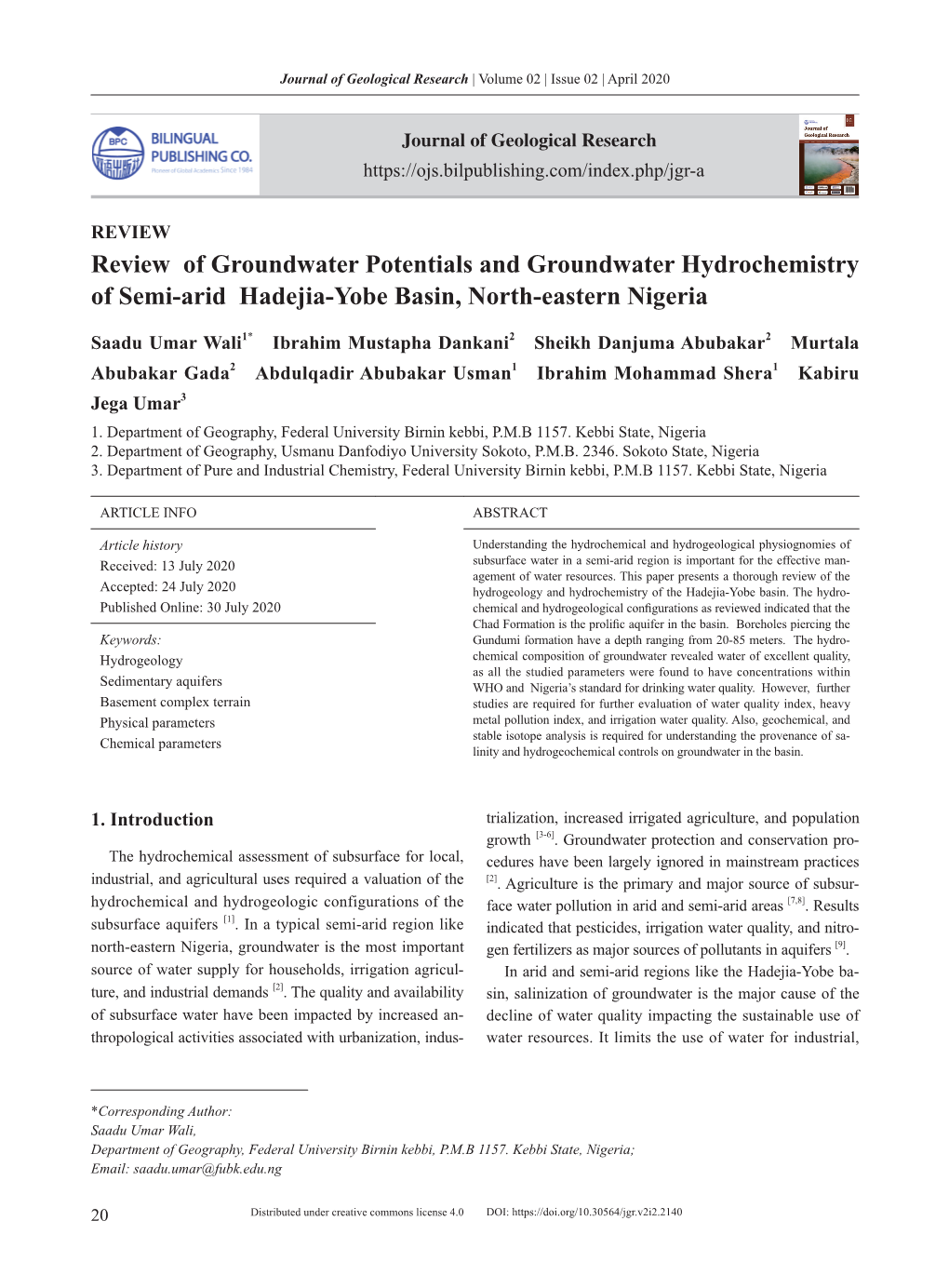 Review of Groundwater Potentials and Groundwater Hydrochemistry of Semi-Arid Hadejia-Yobe Basin, North-Eastern Nigeria