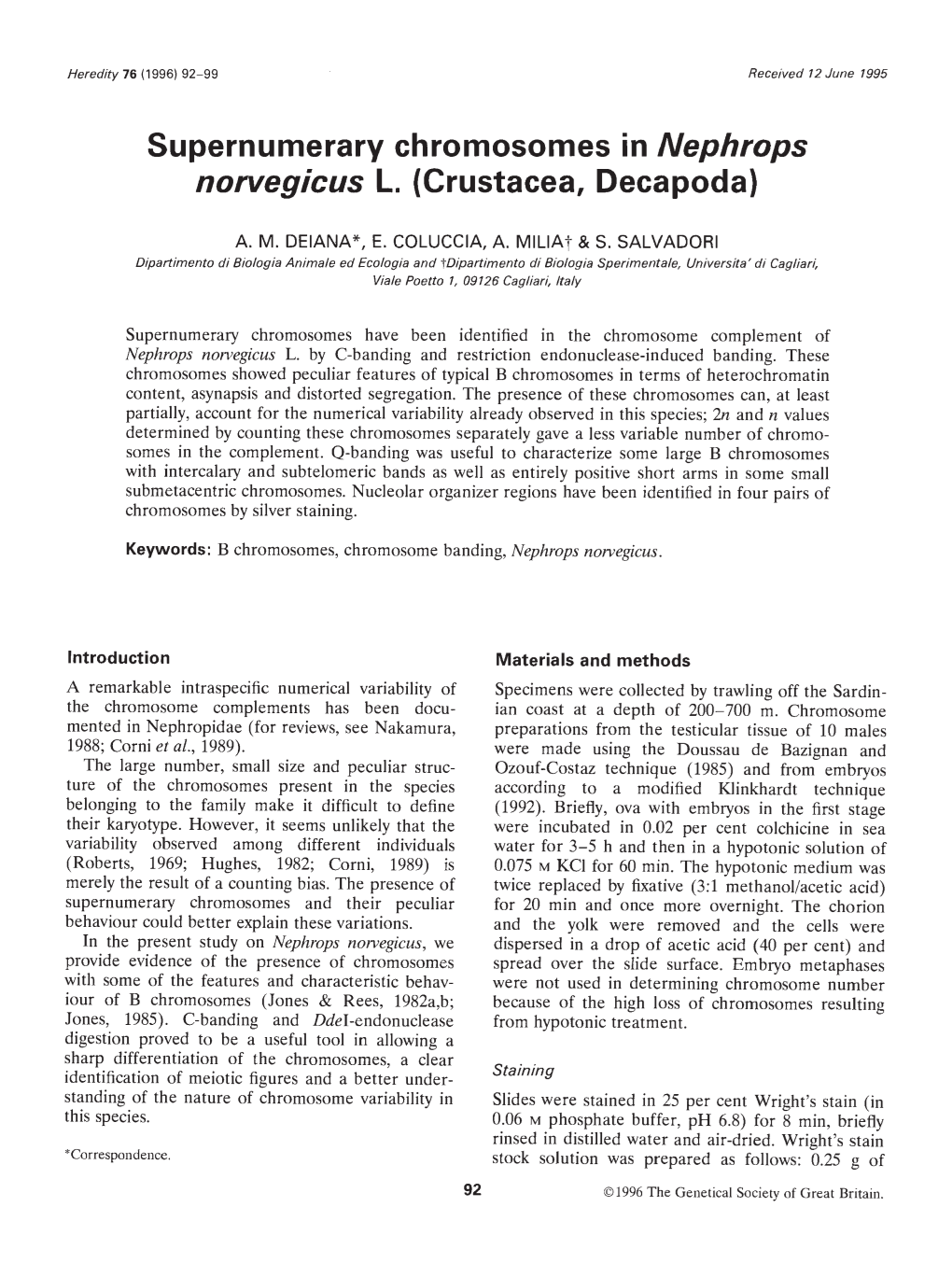 Supernumerary Chromosomes in Nephrops Norvegicus L. (Crustacea, Decapoda)