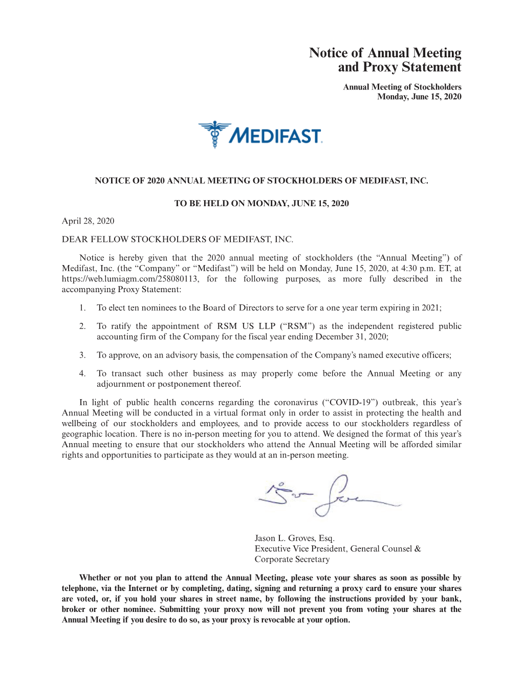 Notice of Annual Meeting and Proxy Statement Annual Meeting of Stockholders Monday, June 15, 2020