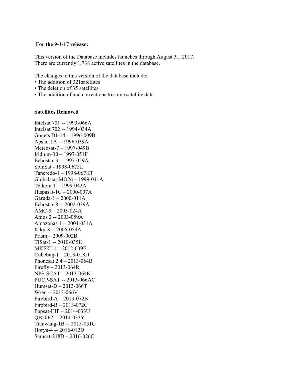 Changes to the June 19, 2006 Release of the UCS Satellite Database This Version of the Database Includes Launches Through June 15, 2006