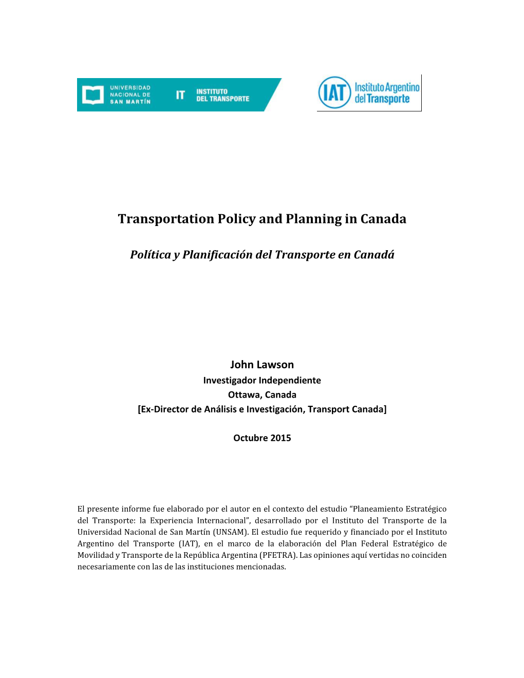 Transportation Policy and Planning in Canada