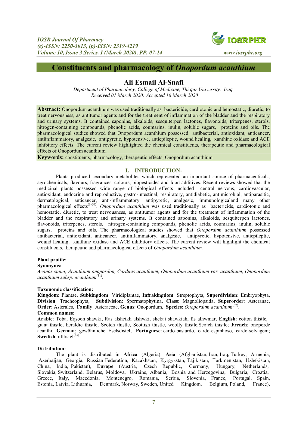 Constituents and Pharmacology of Onopordum Acanthium