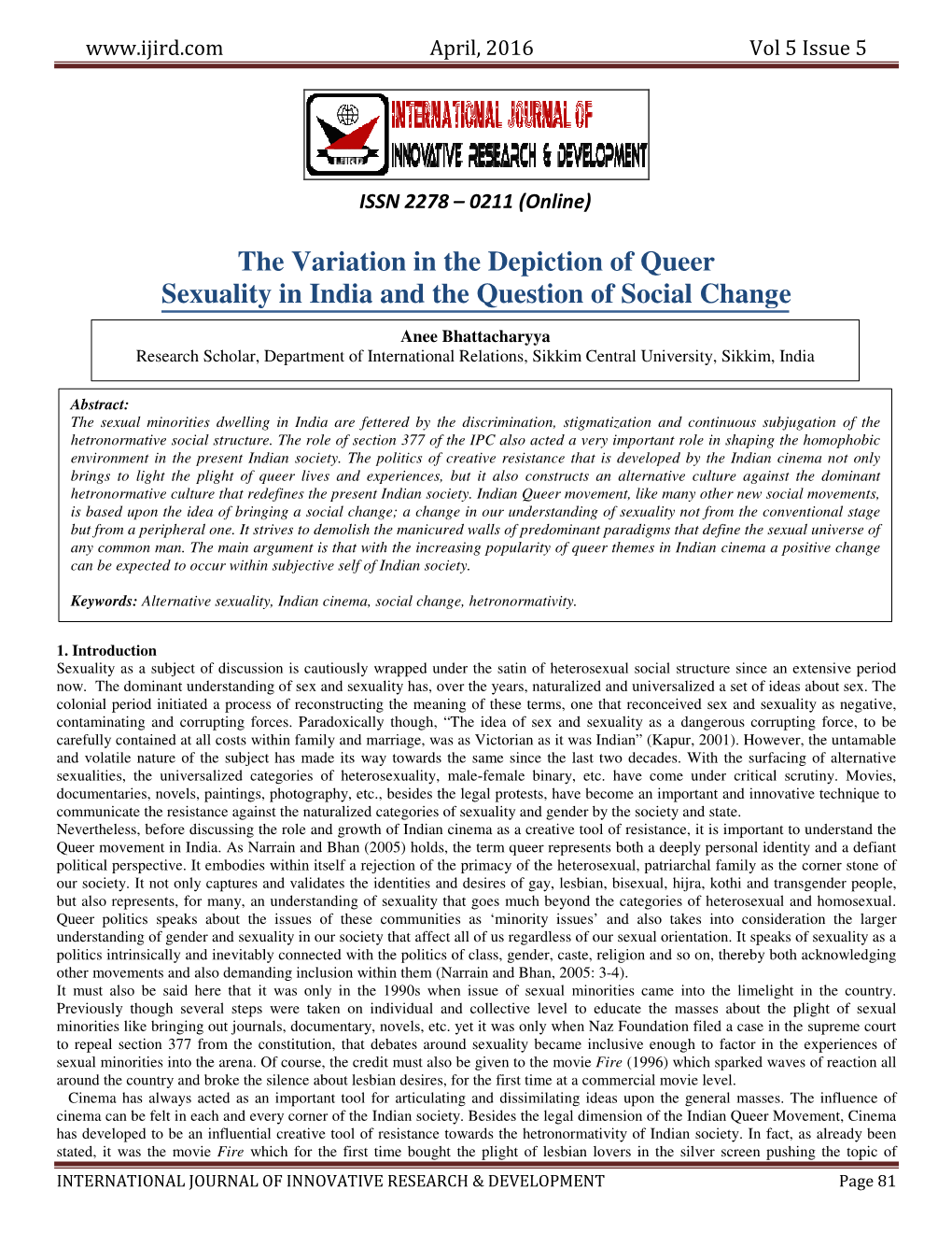 The Variation in the Depiction of Queer Sexuality in India and the Question of Social Change