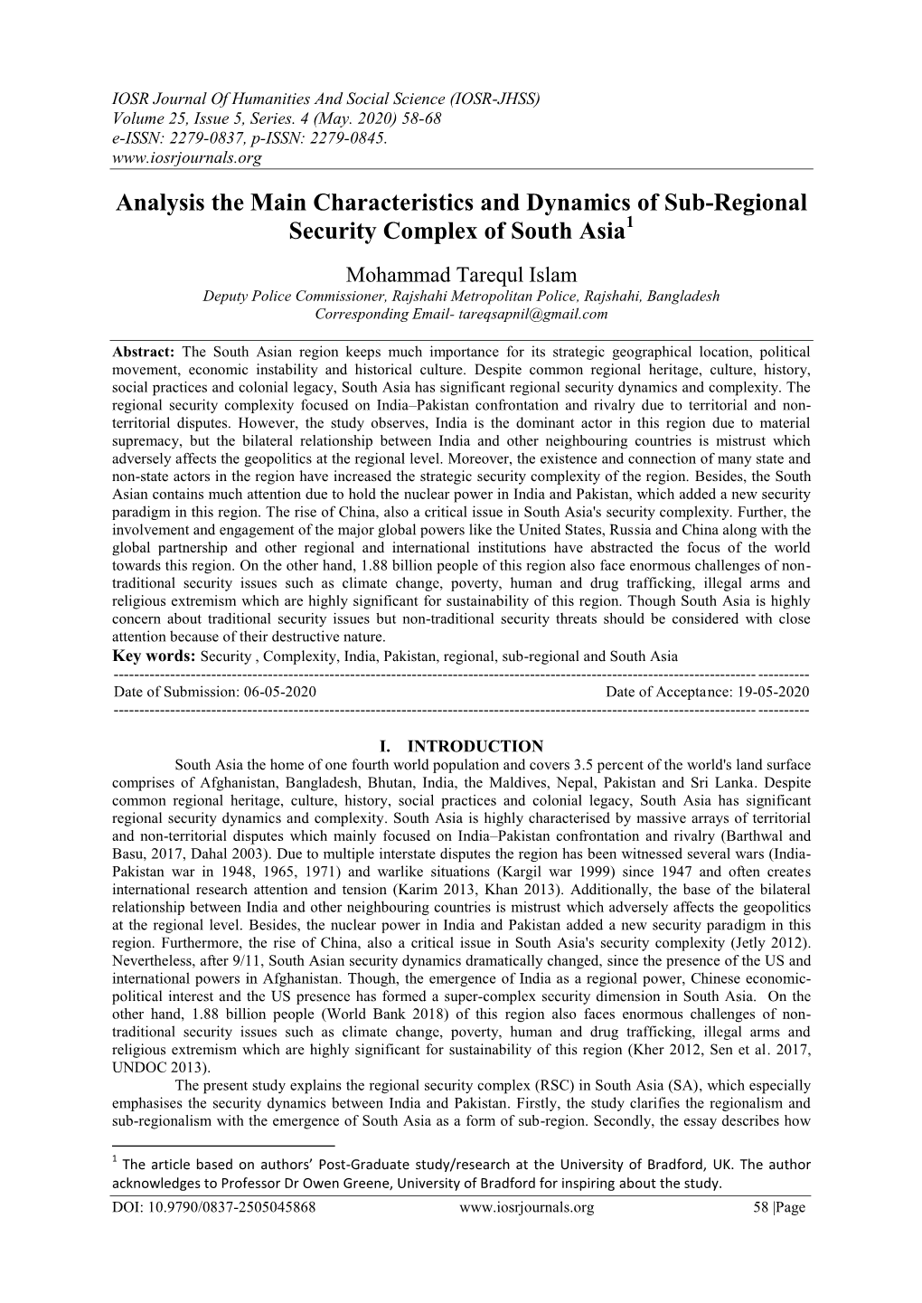 Analysis the Main Characteristics and Dynamics of Sub-Regional Security Complex of South Asia1