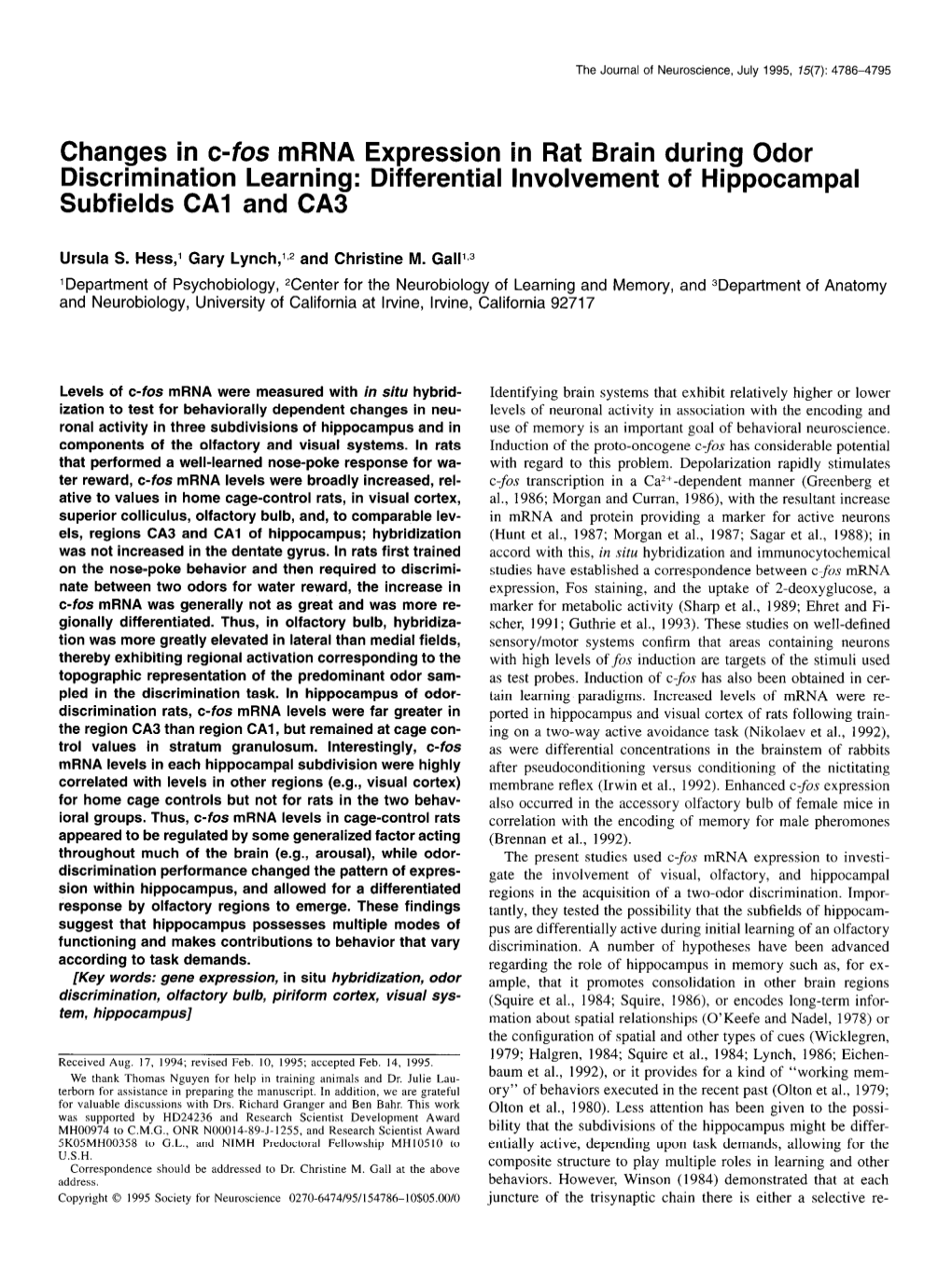 Changes in C-Fos Mrna Expression in Rat Brain During Odor Discrimination Learning: Differential Involvement of Hippocampal Subfields CA1 and CA3
