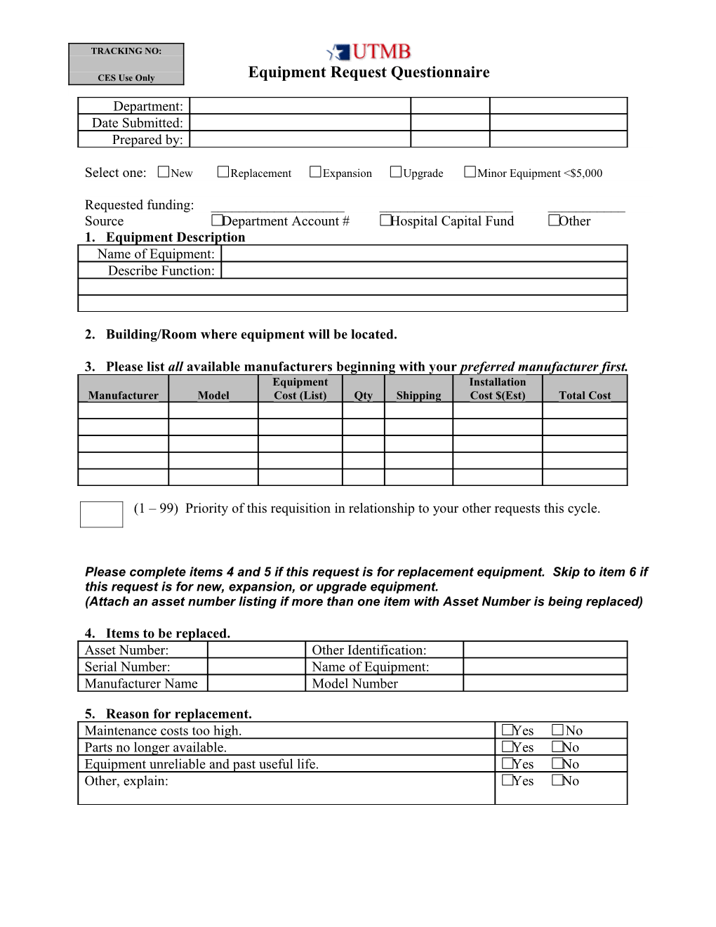 UTMB-Galveston Capital Equipment Medical Equipment Request Questionnaire Page 2