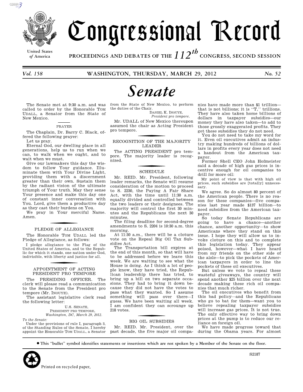 Congressional Record United States Th of America PROCEEDINGS and DEBATES of the 112 CONGRESS, SECOND SESSION