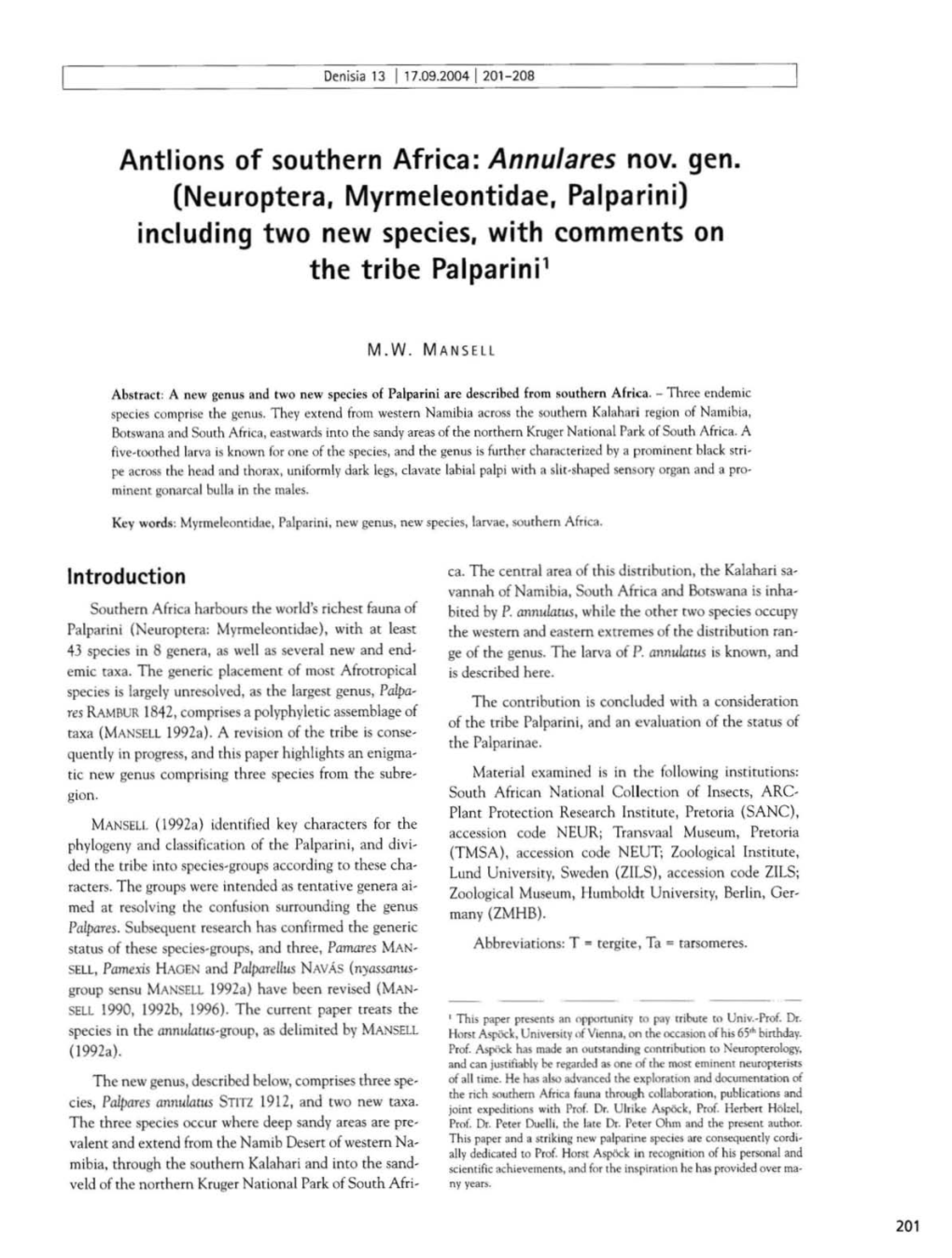 Neuroptera, Myrmeleontidae, Palparini) Including Two New Species, with Comments on the Tribe Palparini'