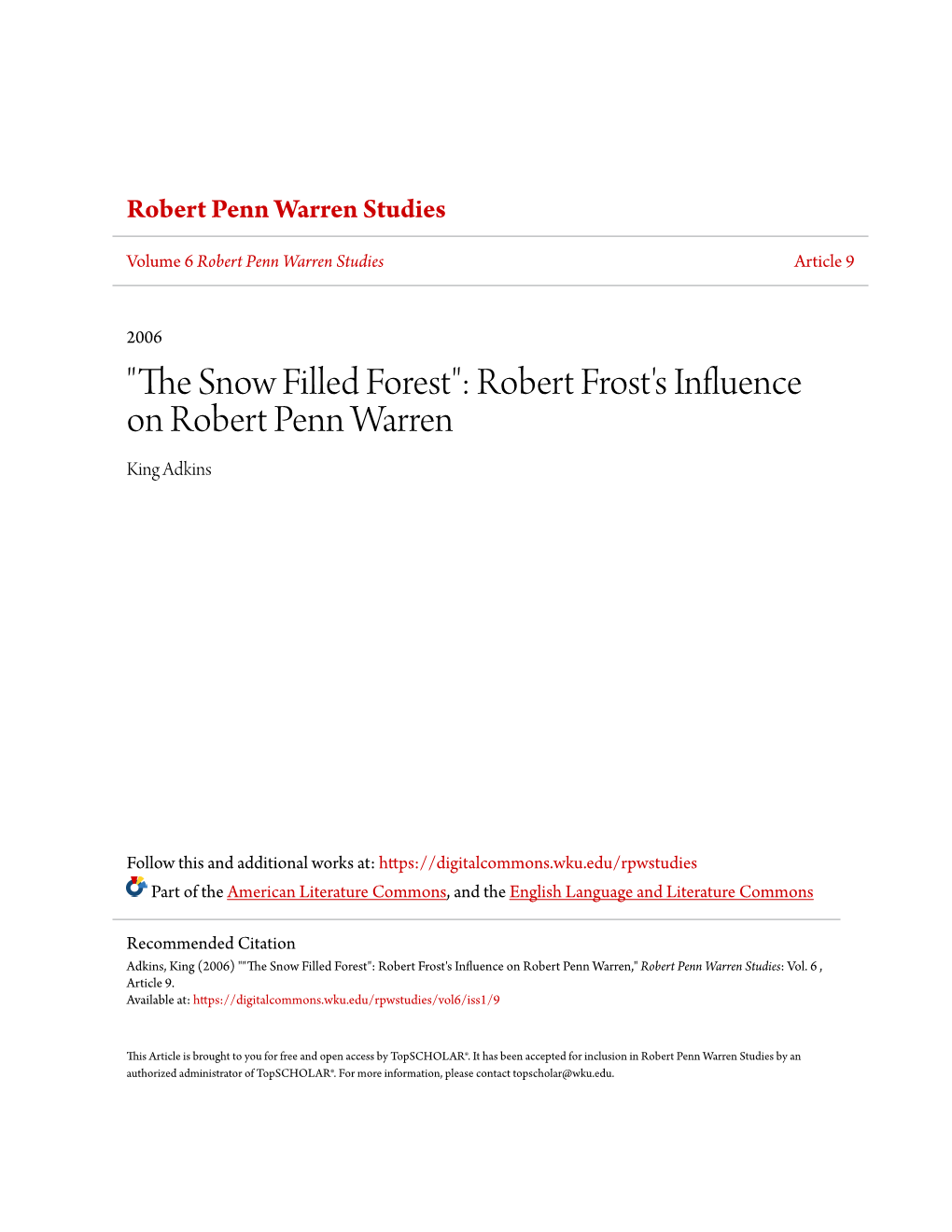 Robert Frost's Influence on Robert Penn Warren King Adkins