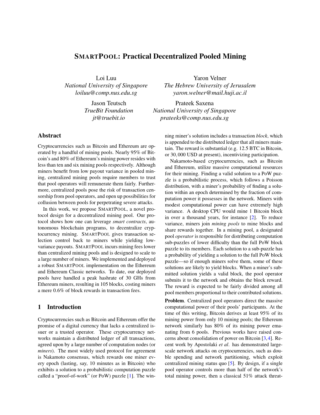 SMARTPOOL: Practical Decentralized Pooled Mining