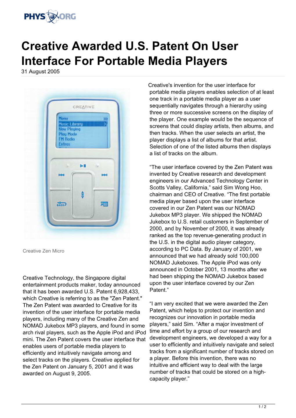 Creative Awarded U.S. Patent on User Interface for Portable Media Players 31 August 2005