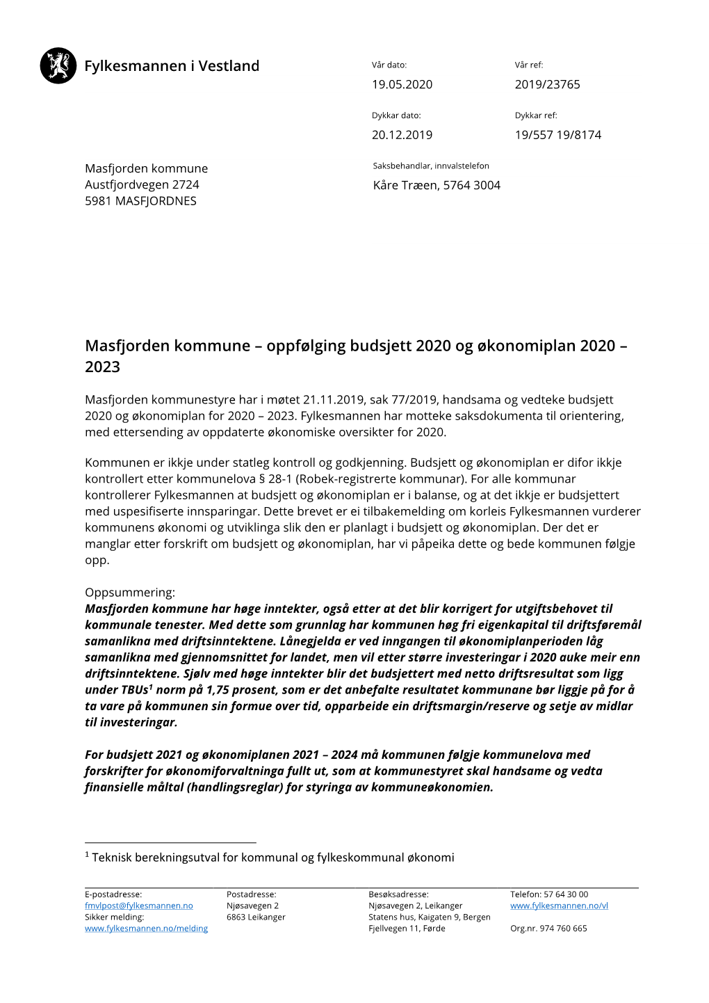 Masfjorden Kommune – Oppfølging Budsjett 2020 Og Økonomiplan 2020 – 2023