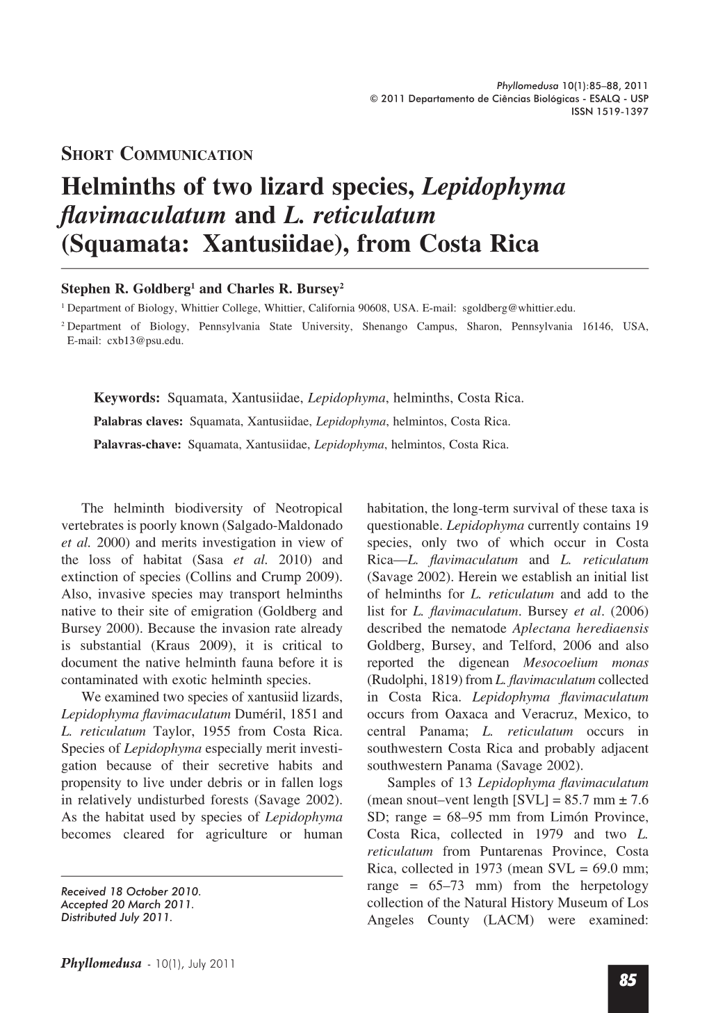 Helminths of Two Lizard Species, Lepidophyma Flavimaculatum and L