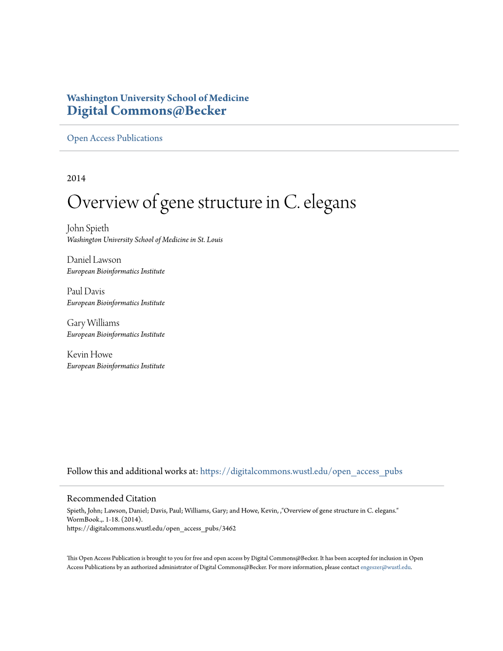 Overview of Gene Structure in C. Elegans John Spieth Washington University School of Medicine in St
