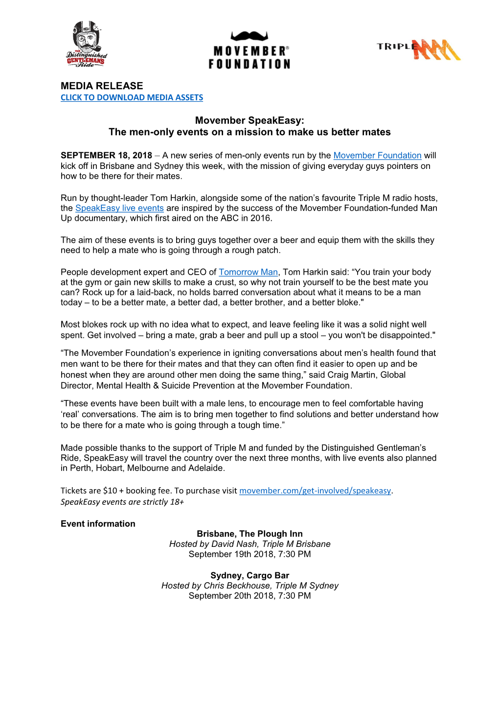 MEDIA RELEASE Movember Speakeasy: the Men-Only Events