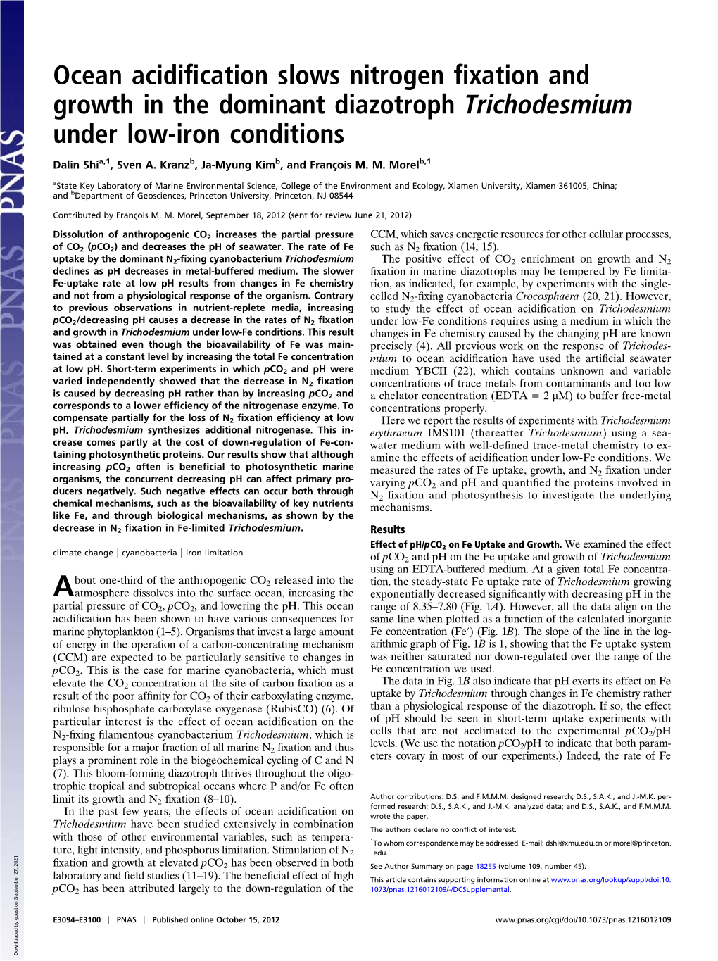 Ocean Acidification Slows Nitrogen Fixation and Growth in the Dominant Diazotroph Trichodesmium Under Low-Iron Conditions