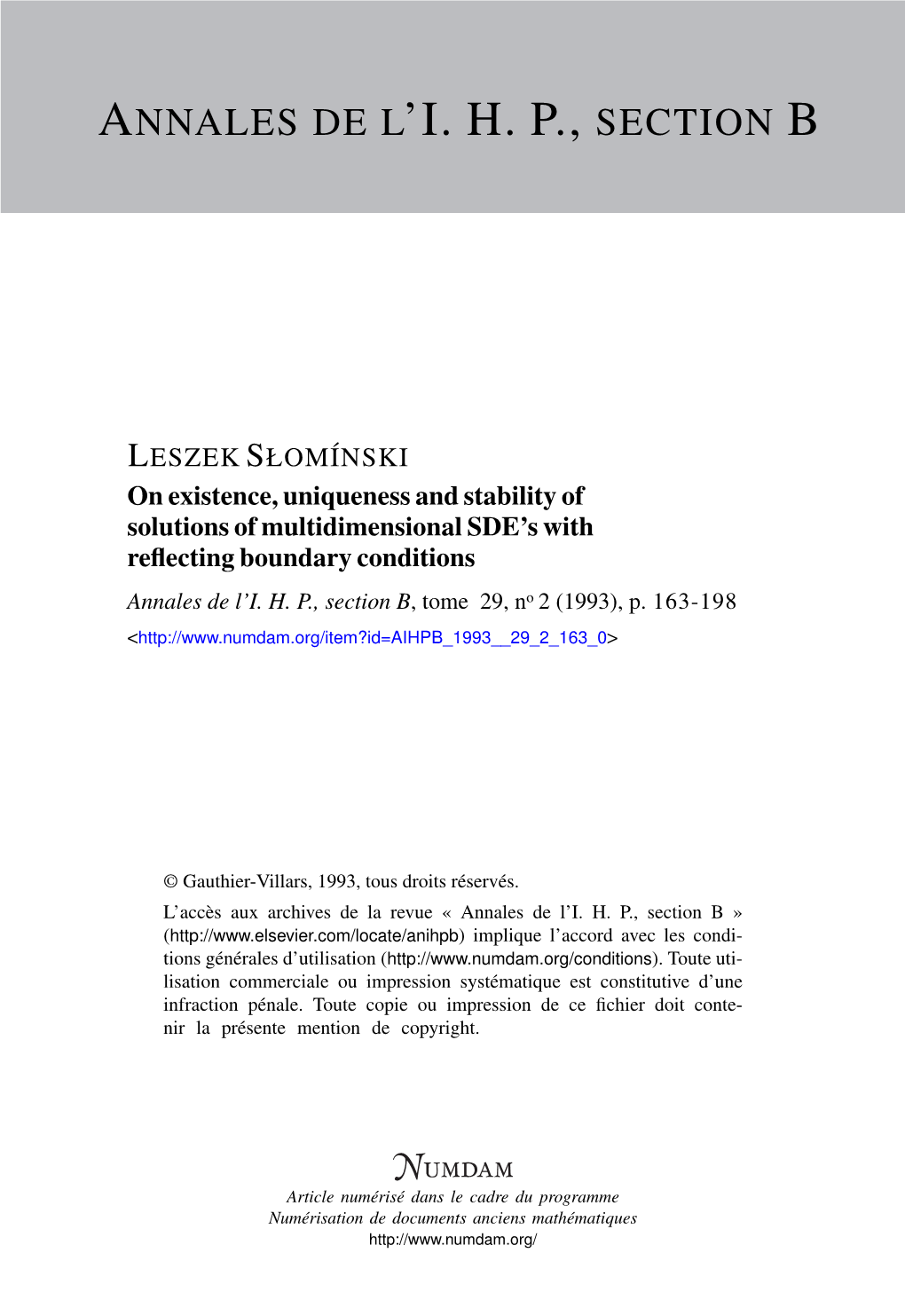 On Existence, Uniqueness and Stability of Solutions of Multidimensional SDE’S with Reﬂecting Boundary Conditions Annales De L’I