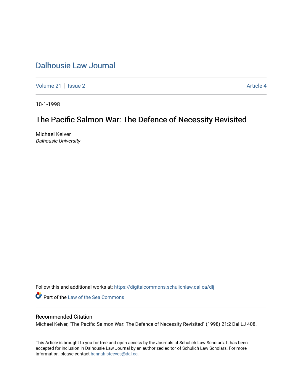 The Pacific Salmon Ar:W the Defence of Necessity Revisited