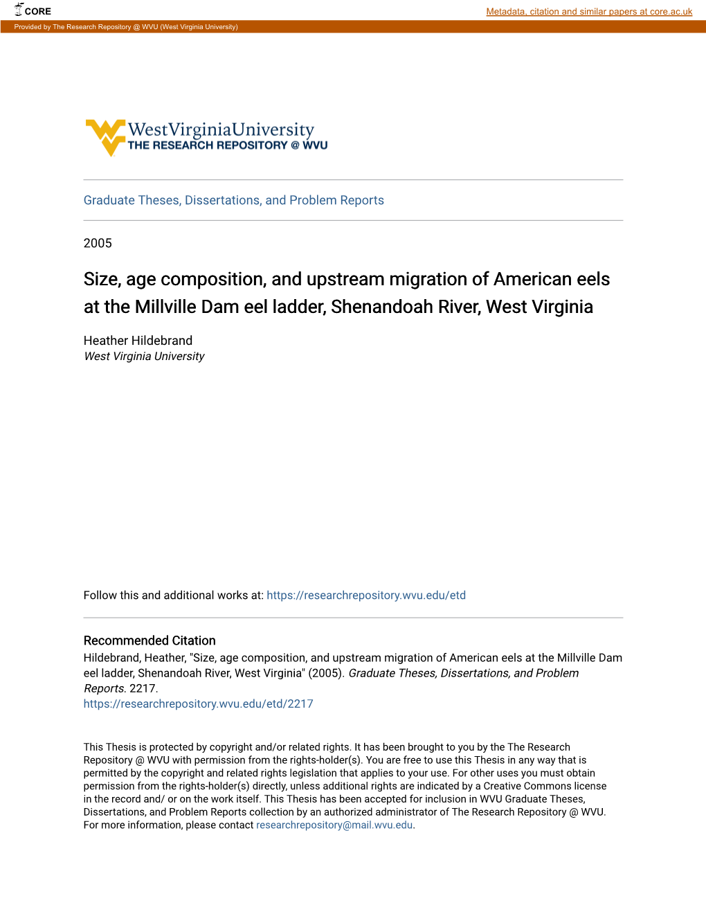 Size, Age Composition, and Upstream Migration of American Eels at the Millville Dam Eel Ladder, Shenandoah River, West Virginia