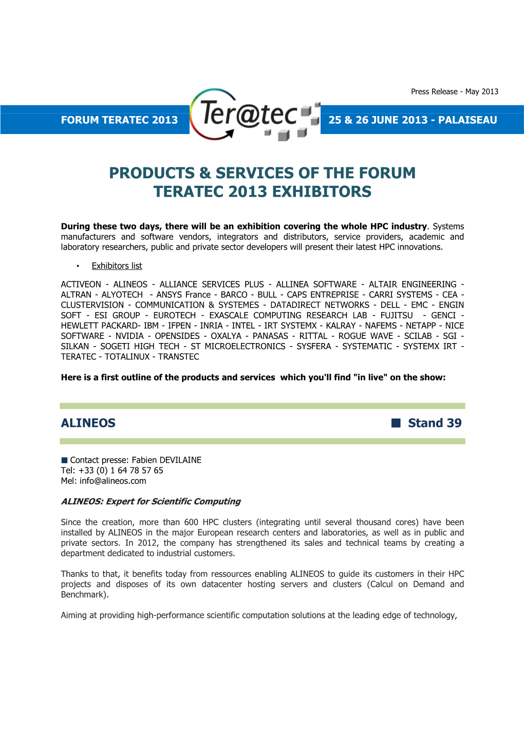 Products & Services of the Forum Teratec 2013 Exhibitors
