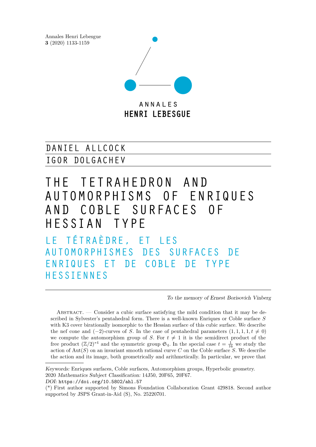 The Tetrahedron and Automorphisms of Enriques and Coble Surfaces Of
