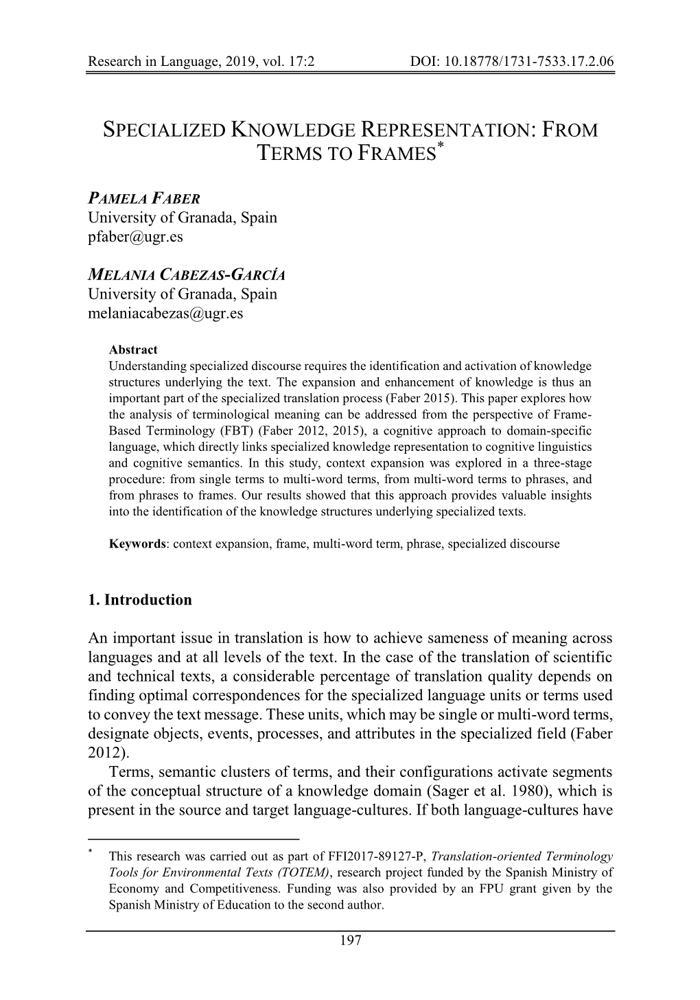 Specialized Knowledge Representation: from Terms to Frames*