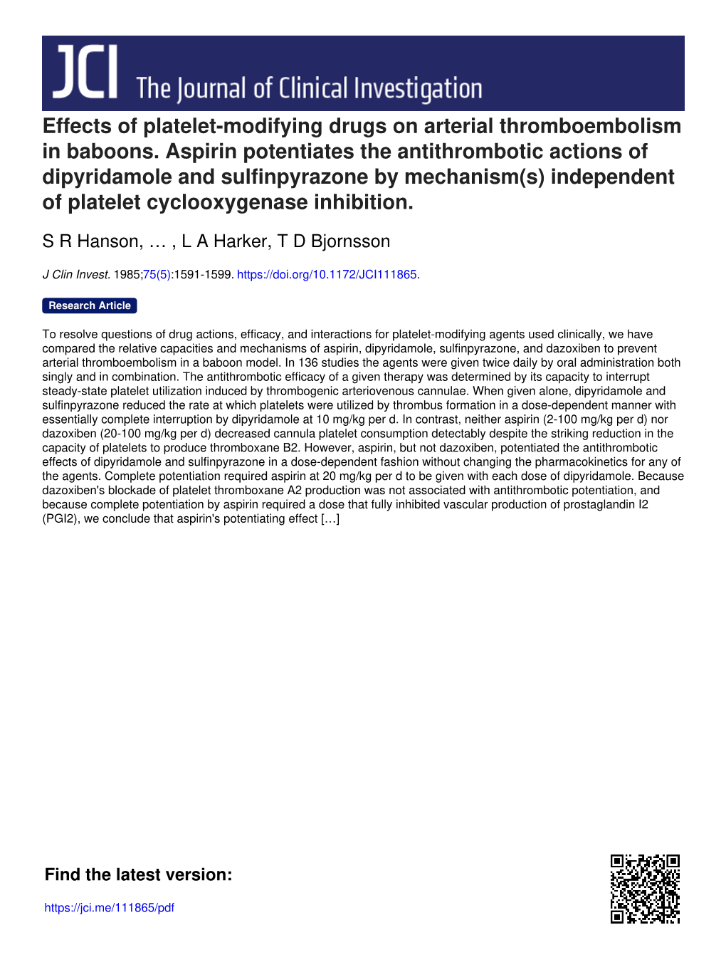 Effects of Platelet-Modifying Drugs on Arterial Thromboembolism in Baboons