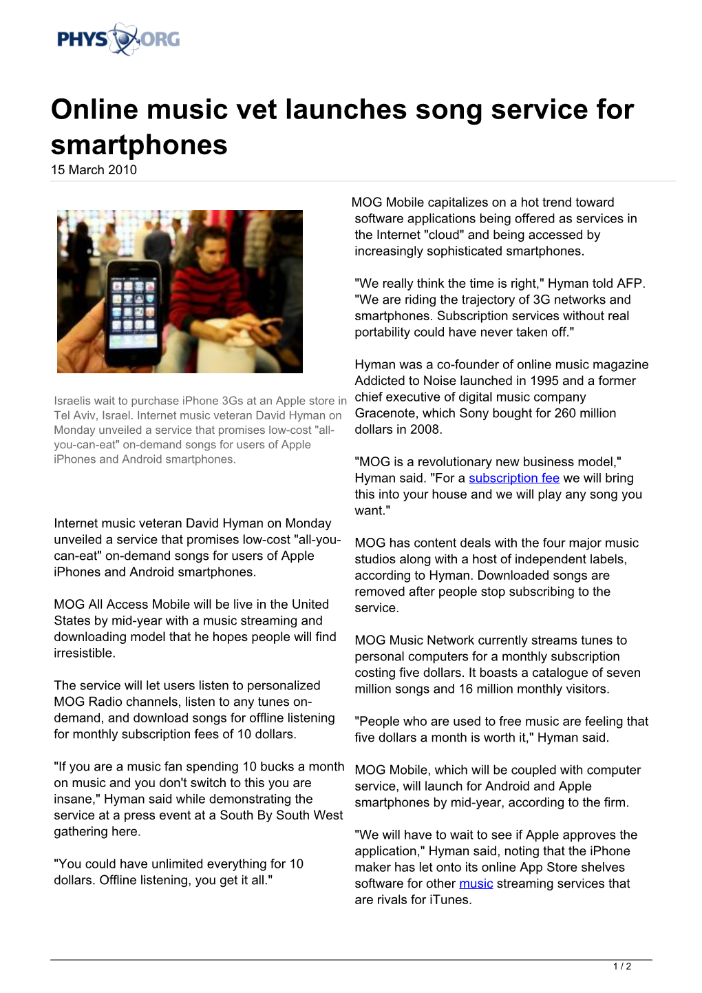 Online Music Vet Launches Song Service for Smartphones 15 March 2010