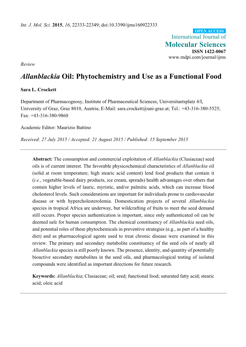 Allanblackia Oil: Phytochemistry and Use As a Functional Food