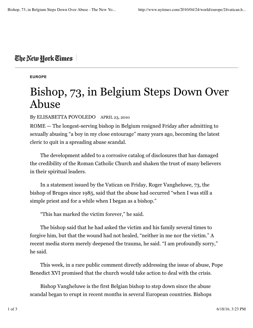 Bishop, 73, in Belgium Steps Down Over Abuse - the New Yo