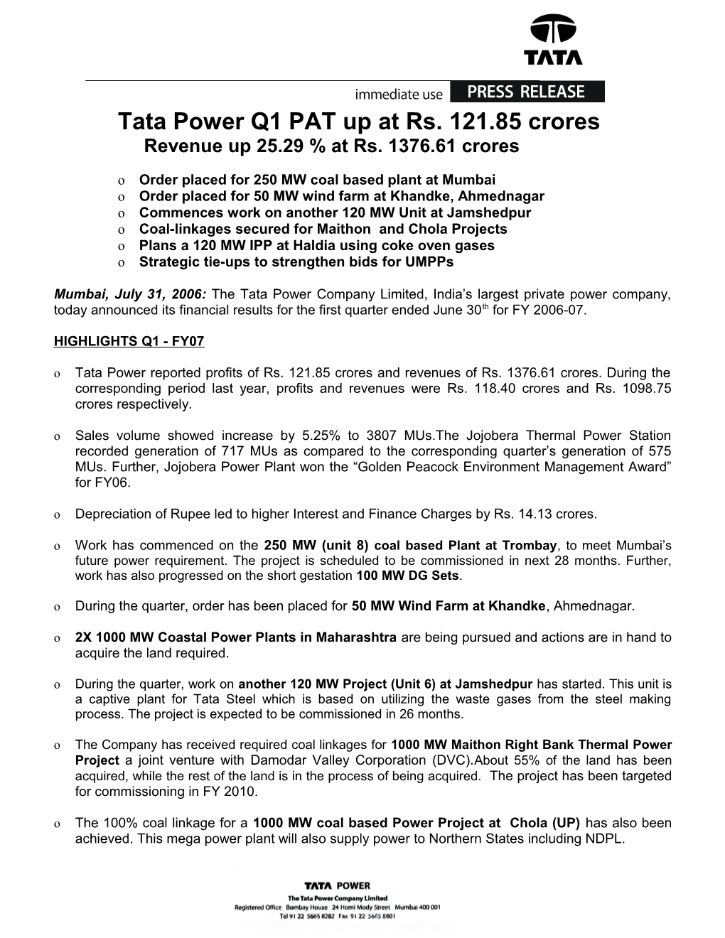 Tata Power Q1 PAT up 10%