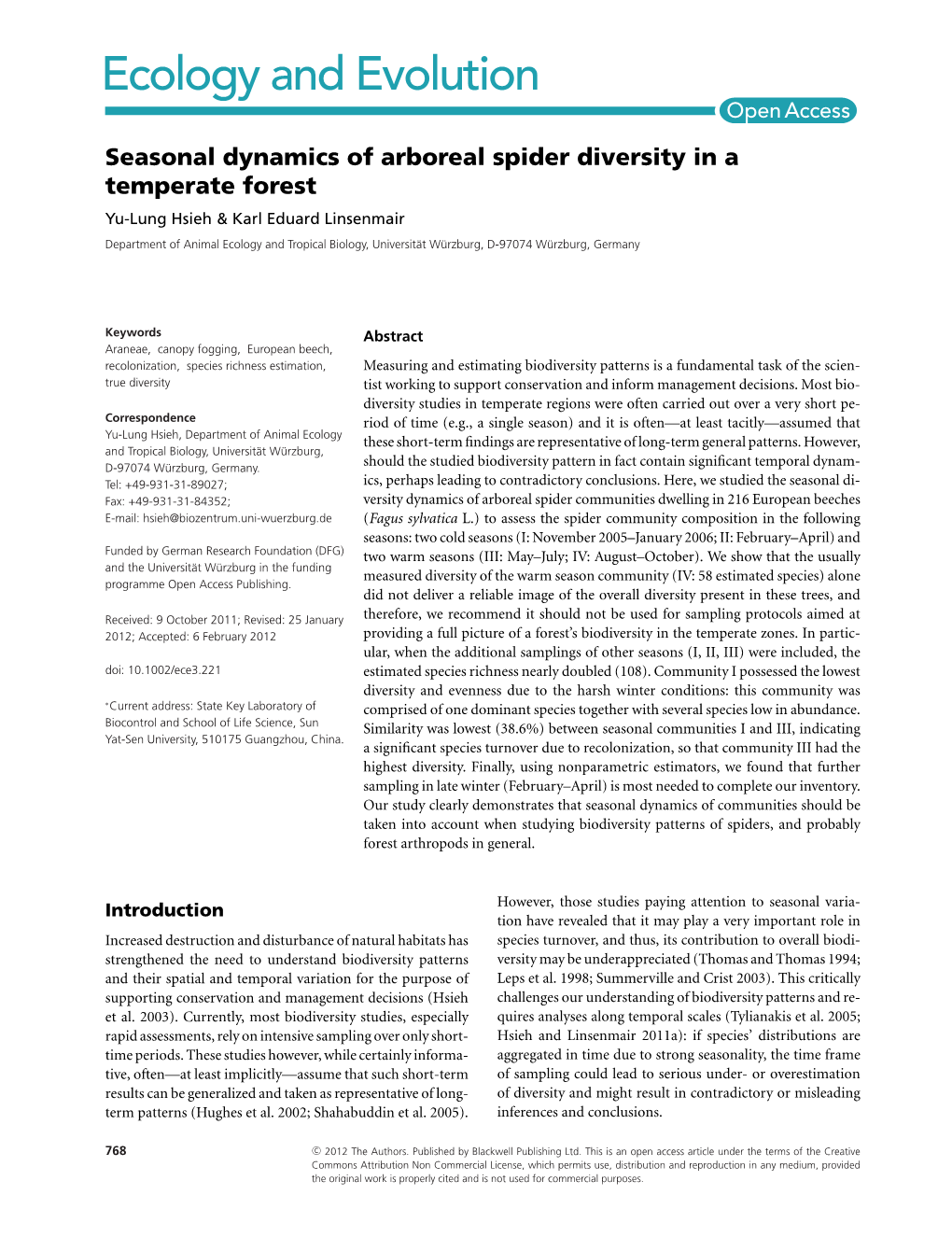 Seasonal Dynamics of Arboreal Spider Diversity in a Temperate Forest