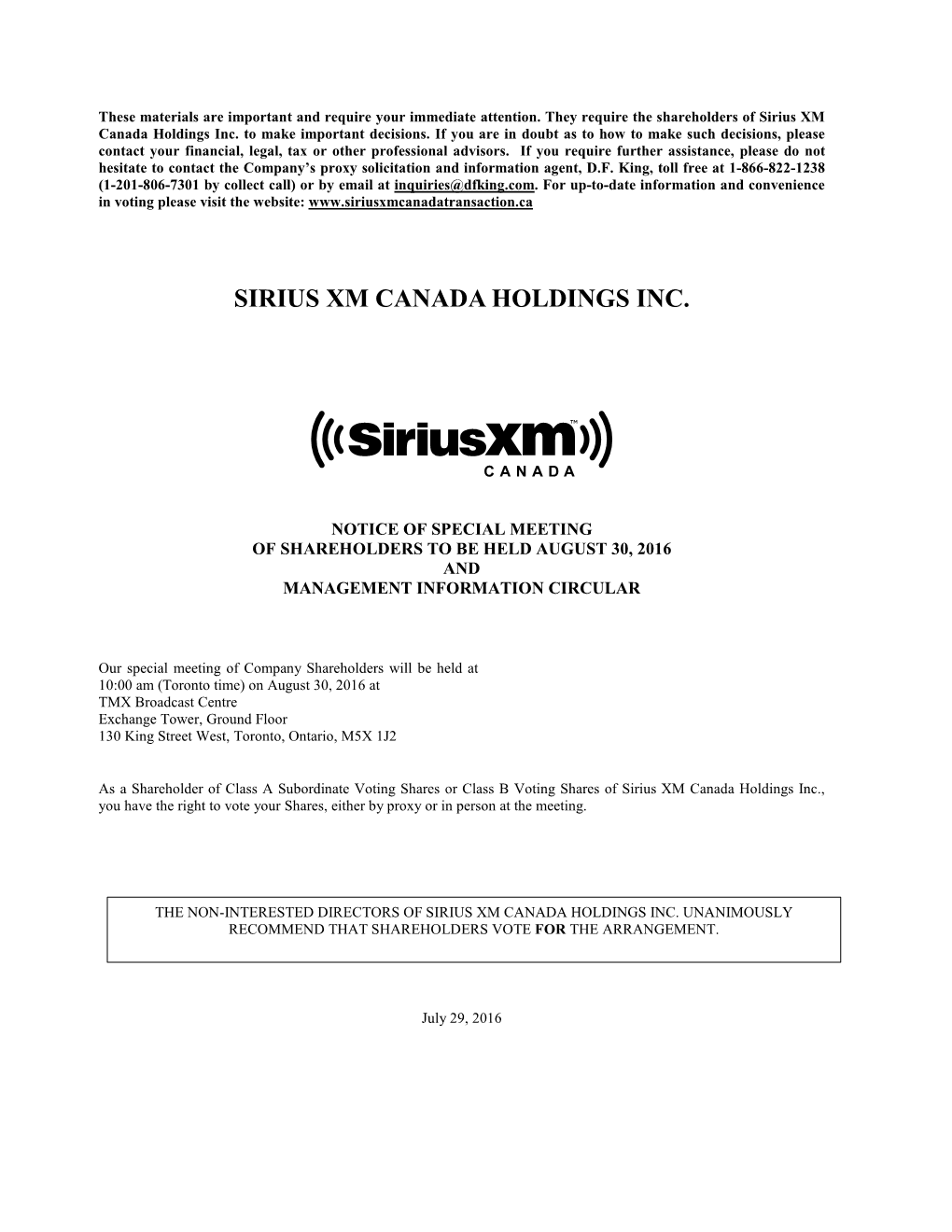 Sirius XM Canada Holdings Inc. to Make Important Decisions