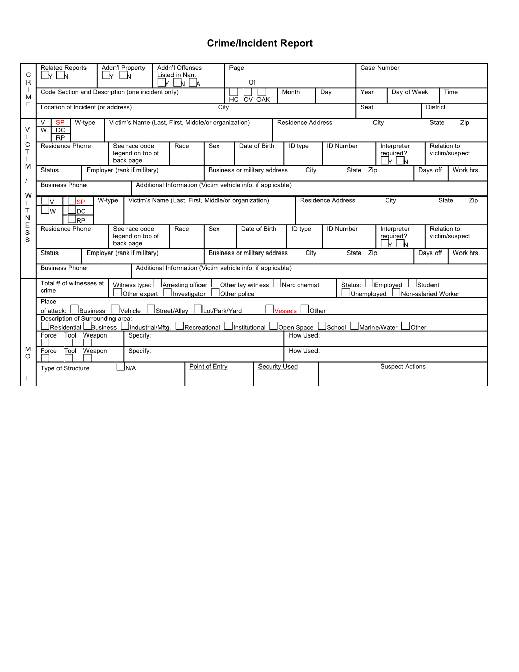 Sample Crime/Incident Report