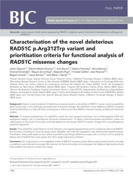 Characterisation of the Novel Deleterious RAD51C P.Arg312trp Variant and Prioritisation Criteria for Functional Analysis of RAD51C Missense Changes